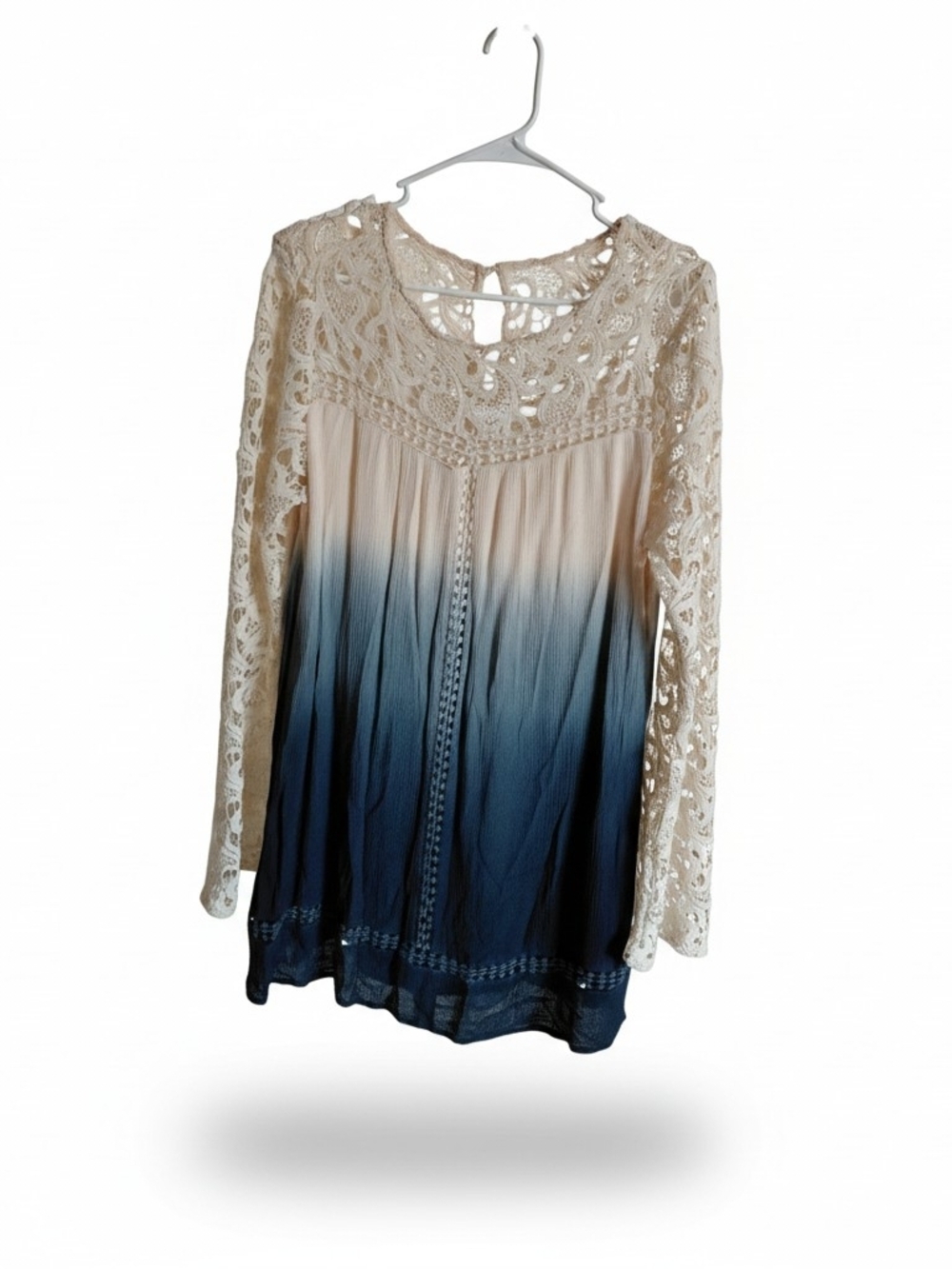 Lace Yoke Ombre Tunic Top - Blue/Cream